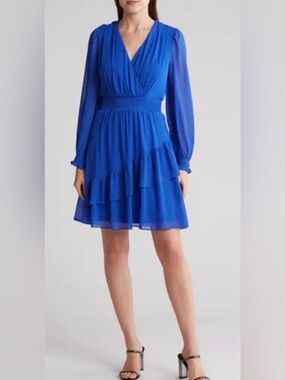 DKNY Blue V-Neck Tiered Long-Sleeve Dress size 12